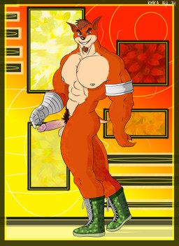 anthro balls beard big_butt big_muscles big_pecs blue_eyes boots brown_hair butt claws clothing combat_boots cybernetic_arm cybernetic_limb ears_down erection eyebrows facial_hair footwear fur genitals gesture glans grin hair hand_gesture himbofication humanoid_genitalia humanoid_penis illuminated long_penis male muscular muscular_anthro muscular_male nipples painting_(object) pecs penis petals pivoted_ears plantigrade pointy_ears pubes pubic_fuzz raised_finger raised_index_finger red_body red_fur shoelaces shoelaces_untied shoes short_tail side_view smile solo suggestive suggestive_gesture surrealism tail thick_eyebrows thick_penis thick_thighs vein veiny_penis kmka activision crash_bandicoot_(series) crunch_bandicoot bandicoot mammal marsupial absurd_res hi_res pictographics