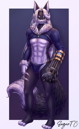 4_toes abs amber_eyes anthro black_body bulge clothing feet fluffy fluffy_tail gatling_gun gloves grin gun gun_arm hair handwear long_hair machine_gun male markings minigun multicolored_body pointy_ears ranged_weapon smile solo tail toes topwear two_tone_body underwear weapon weapon_arm white_body white_hair white_markings sugartc lena_the_jackal canid canine canis jackal mammal absurd_res hi_res