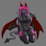 anthro bra clothing ear_piercing facial_piercing fangs female flesh_tunnel furgonomics furry-specific_piercing gauged_ear hair hooves horn horn_piercing legwear lip_piercing navel nipple_outline nipples open_mouth piercing pink_eyes pink_hair purple_hair simple_background snakebite_piercing solo stockings teeth underwear wings rinkai asura_(rinkai) canid canine demon mammal hi_res