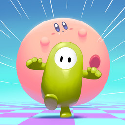 ambiguous_gender biped black_eyes blue_background blue_eyes blush blush_stickers checkered checkered_floor duo empty_eyes food_on_face green_body motion_lines mouthless not_furry overweight overweight_ambiguous pink_body red_body rolling round_body running_away simple_background size_difference white_body 5health fall_guys kirby's_dream_buffet kirby_(series) nintendo kirby fall_guy humanoid waddling_head 1:1 2022 crossover digital_drawing_(artwork) digital_media_(artwork) hi_res japanese_description