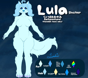 anthro big_breasts blue_eyes blue_hair blue_nose breasts claws feet female fingers fur hair looking_at_viewer nude paws pupils simple_background smile solo standing tail text toes unusual_pupils white_body lunalaimoonglow vtuber lula_the_wolf canid canine canis mammal raibaookami thunder_fang_wolf wolf artist_name colored digital_drawing_(artwork) digital_media_(artwork) english_description english_text full-length_portrait hi_res model_sheet portrait signature