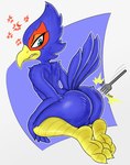 angry anthro avian beak bird blue_body blue_feathers butt butthurt cutlery falco_lombardi falcon falconid feathers fork hi_res jjeoe kitchen_utensils looking_back male nintendo nude poking poking_butt rear_view solo star_fox tail tail_feathers tools