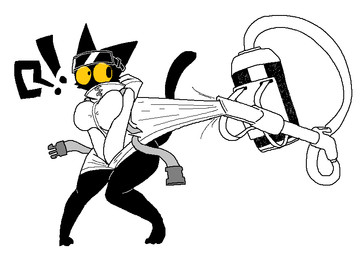 anthro barefoot belt big_breasts black_body black_fur black_tail bottomless breast_squish breasts cleaning_tool clothed clothing covering covering_crotch covering_self exclamation_point eyewear eyewear_on_head feet female fur goggles goggles_on_head jacket machine open_belt question_mark simple_background solo squish tail thick_thighs topwear vacuum_cleaner white_background white_clothing white_jacket white_topwear yellow_sclera sabgong maru_(sabgong) domestic_cat felid feline felis mammal