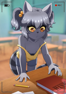 anthro biped bottomwear breasts camera_view classroom clothed clothing denim denim_bottomwear denim_clothing denim_shorts down_blouse eyebrows featureless_breasts female green_eyes grey_body grey_hair hair inside loli looking_at_object markings off_shoulder partially_clothed pencil_(object) pigtails ring_(marking) ringed_tail school shirt short_hair shorts small_breasts solo standing striped_markings striped_tail stripes tail tail_markings tank_top text topwear wardrobe_malfunction young young_anthro young_female gi0 lemur mammal primate ring-tailed_lemur strepsirrhine 2025 absurd_res english_text hi_res