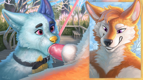 animal_genitalia animal_penis anthro anthro_on_feral anthro_penetrating anthro_penetrating_feral bench bestiality blue_body blue_fur bodily_fluids canine_genitalia canine_penis collar detailed_background dominant dominant_male drinking drinking_urine duo fellatio feral feral_penetrated fur genital_fluids genitals grin hair leash leash_pull looking_at_genitalia looking_at_penis male male/male male_on_feral male_penetrated male_penetrating male_penetrating_male markings oral orange_body orange_fur outside park park_bench peeing penetration penile penis penis_in_mouth penis_on_face plant precum purple_eyes sex sheath smile smirk submissive submissive_male teeth teeth_showing tree urine urine_in_mouth urine_on_face watersports tailbyte rieker canid canine canis domestic_dog mammal 16:9 absurd_res detailed digital_media_(artwork) digital_painting_(artwork) hi_res painting_(artwork) shaded signature widescreen