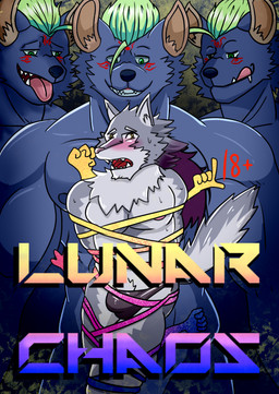 abs blush bodily_fluids bound clone clothing group male male/male muscular muscular_male nipples pecs speedo sweat swimwear text tongue edogast lifewonders tokyo_afterschool_summoners hati_(tas) nyarlathotep_(tas) canid canine canis hyena mammal striped_hyena wolf english_text