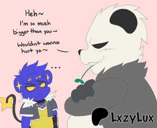 anthro black_body blue_body blue_fur clothing duo fur hair male male/male simple_background smile tail text white_body white_fur yellow_eyes lxzylux nintendo pokemon yurai_(character) generation_4_pokemon generation_6_pokemon mammal pangoro pokemon_(species) shinx digital_media_(artwork) hi_res