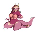animal_humanoid anthro big_breasts bottomless breasts brown_hair clothed clothing exposed_breasts eyewear female genitals glasses growth hair horn human humanoid kobold mammal mid_transformation narusewolf nipples nude open_clothing open_shirt open_topwear pawpads paws pussy raised_clothing raised_shirt raised_topwear red_clothing red_shirt red_topwear scalie scalie_humanoid shirt shirt_only sitting slightly_chubby snout snout_growth solo sweater thick_thighs topwear topwear_only transformation turtleneck