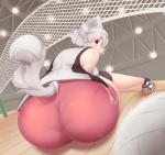 ball big_butt bottomwear butt butt_focus clothed clothing female fluffy fluffy_tail grey_hair gym hair net red_eyes shorts solo sport tail text tight_bottomwear tight_clothing tight_shorts volleyball volleyball_(ball) volleyball_net volleyball_uniform wide_hips tochinoko touhou momiji_inubashiri animal_humanoid canid canid_humanoid canine canine_humanoid humanoid mammal mammal_humanoid english_text hi_res