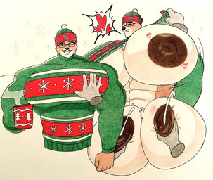 abs anthro big_muscles big_pecs bodily_fluids brown_nipples christmas_clothing christmas_sweater christmas_topwear clothed clothing clothing_lift container cup disembodied_hand duo heart_symbol holidays huge_muscles huge_pecs hyper hyper_muscles hyper_pecs kiss_mark lactating male male_lactation mug muscular muscular_anthro muscular_male nipples pec_squeeze pecs projectile_lactation shirt shirt_lift simple_background steam sweater topwear cnb2804 christmas mammal unknown_species 2025 hi_res
