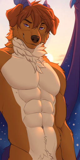 2_horns abs anthro brown_hair brown_nose cheek_tuft facial_tuft fur hair horn looking_at_viewer male male_anthro membrane_(anatomy) membranous_wings multicolored_body multicolored_fur muscular navel nude_anthro nude_male orange_body orange_fur pecs purple_eyes short_hair snout solo tan_body tan_fur tuft two_tone_body two_tone_fur wings fleki mythology bird_dog canid canine canis domestic_dog dragon golden_retriever hunting_dog hybrid mammal mythological_creature mythological_scalie retriever scalie hi_res
