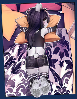 albino anthro bed bedding bedding_background black_hair black_nose bottomwear butt clothed clothing converse_shoes female footwear furniture hair knee_highs knee_socks legwear loli looking_back pattern_clothing pattern_legwear pillow red_eyes scut_tail shirt shoes short_tail shorts socks solo striped_clothing striped_legwear stripes tail tank_top topwear young young_anthro young_female ai_assisted ai_generated_background sicmop arzhel bear giant_panda mammal 2024 alpha_channel hi_res