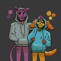 anthro bottomless clothed clothing duo hoodie hoodie_only male male/male orange_body purple_body simple_background tail tail_motion tailwag topwear topwear_only zirurex mob_entertainment poppy_playtime smiling_critters catnap_(poppy_playtime) dogday_(poppy_playtime) canid canine canis domestic_dog felid feline mammal 1:1 cel_shading hi_res shaded warm_colors