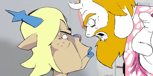 anthro antlers beard clothed clothing duo eye_contact eyebrows facial_hair female freckled_face freckles fur gesture hair hand_gesture horn humor lips lipstick looking_at_another makeup male open_mouth pointing shirt shitpost side_view topwear tuft cappart47 deltarune disney pixar the_incredibles undertale_(series) asgore_dreemurr carol_holiday boss_monster_(undertale) bovid caprine deer goat mammal new_world_deer reindeer 2025 draw_over meme reaction_image