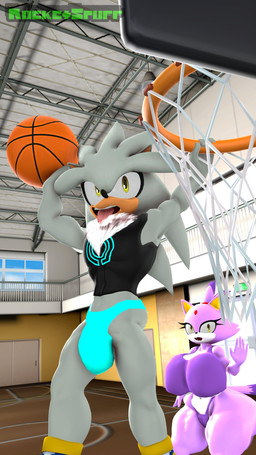anthro ball basketball_(ball) basketball_court basketball_hoop big_breasts big_butt breasts bulge butt clothing duo fangs female huge_breasts huge_butt huge_thighs male open_mouth slam_dunk smile surprised teeth thick_thighs thong tongue underwear rocketspuff sega sonic_the_hedgehog_(series) blaze_the_cat silver_the_hedgehog domestic_cat eulipotyphlan felid feline felis hedgehog mammal 3d_(artwork) 4k 9:16 absurd_res digital_media_(artwork) hi_res