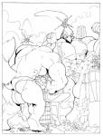 anthro avian beak big_muscles bird bulge canid canine clothing comic duo falco_lombardi feathers fox fox_mccloud fur hi_res huge_muscles macro male male/male mammal monochrome muscular nintendo rabid speedo star_fox swimwear