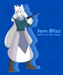 anthro belt boots bovid cape caprine clothed clothing didjargo fangs footwear fur goat gun hair horn male mammal markings ranged_weapon sam_(steamyfur) shoes solo steamyfur teeth weapon white_body white_fur