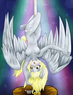 anthro anthrofied biped blonde_hair blush breasts bunn-darien dancing feathered_wings feathers female fur genitals grey_body grey_feathers grey_fur hair hooves humanoid_genitalia humanoid_vulva mane nipples nude pole pole_dancing solo tail vulva wings unknown_artist friendship_is_magic hasbro my_little_pony mythology derpy_hooves_(mlp) equid equine mammal mythological_creature mythological_equine pegasus hi_res