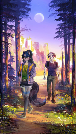 anthro backpack biped blue_hair bottomwear clothed clothing detailed_background duo ear_piercing female footwear forest fully_clothed fur green_eyes hair male outside pants piercing plant shoes short topwear tree white_body white_fur narwhal_iv canid canine canis dalmatian domestic_dog mammal 2021 absurd_res hi_res