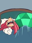 anthro bed bed_sheet bedding clothing furniture male master_emerald open_mouth red_body simple_background sleeping solo karl0 sega sonic_the_hedgehog_(series) knuckles_the_echidna echidna mammal monotreme absurd_res hi_res