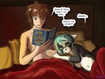 anthro belly blue_hair brown_hair clothed clothing female green_eyes hair hand_holding human_on_anthro interspecies male pregnant tail text under_covers farfener the_auroran_archives aerya_(links) felid feline human mammal 2024 4:3 colored hi_res