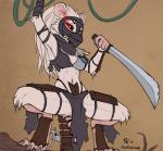 2017 anthro armor bottomwear bra clothed clothing conditional_dnp digital_media_(artwork) digitigrade exposure_variation female fluff-kevlar fur hasbro ink-eyes loincloth looking_at_viewer magic:_the_gathering mammal melee_weapon nezumi_(magic:_the_gathering) red_eyes rodent solo spread_legs spreading sword underwear weapon white_body white_fur wizards_of_the_coast