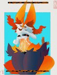 anthro big_breasts blush breasts clothing female huge_ears inner_ear_fluff one-piece_swimsuit red_eyes solo stick swimwear thick_thighs tongue tongue_out translucent translucent_clothing translucent_swimwear tuft sarifairy gris_swimsuit meme_clothing nintendo pokemon braixen generation_6_pokemon pokemon_(species) absurd_res hi_res meme