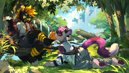 accessory all_fours anime_style anthro black_body black_fur bodily_fluids bottomwear clear_sky clothing collar duo falling_leaves feet foot_fetish foot_lick forest fur glowing glowing_eyes green_eyes grey_body grey_bottomwear grey_clothing grey_fur grey_pants grey_shorts leash leash_pull leashed_collar licking log male male/male mountain necktie orange_body orange_fur pants pawpads paws plant purple_body purple_fur raised_paw red_collar red_leash red_necktie rock saliva saliva_on_pawpads shadow shirt shorts sky tongue topwear tree under_tree water waterfall white_body white_clothing white_fur white_shirt white_topwear wood aqianr denyx_(denyx_dubwolf) zero_(xaquet) canid canine canis czechoslovakian_wolfdog domestic_dog domestic_ferret herding_dog mammal mustelid musteline pastoral_dog sheepdog true_musteline weasel 16:9 4k absurd_res hi_res widescreen