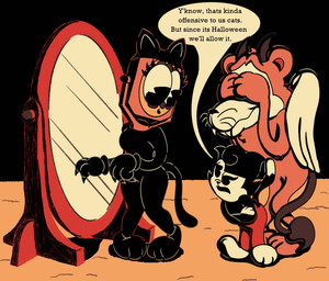 anthro black_body cat_costume claws clothing costume covering covering_eyes covering_face crossed_arms curly_hair dialogue electronics female for_a_head gloves group hair handwear holidays horn male microphone mirror nervous pie_cut_eyes rubberhose simple_background speech_bubble stinger stinger_tail tail text toony toony_eyes trio whiskers wings crazy_8_animations halloween iranian_mythology middle_eastern_mythology mythology domestic_cat felid feline felis lion mammal manticore object_head pantherine english_text