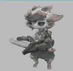 ambiguous_gender anthro armor biped clothed clothing front_view grey_background holding_melee_weapon holding_object holding_sword holding_weapon horizontal_pupils melee_weapon pupils simple_background solo sword weapon ramssa bovid caprine goat mammal