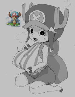 anthro antlers big_breasts biped bodily_fluids breasts clothed clothing crossgender eyelashes female hand_on_breast hat headgear headwear heart_eyes heart_symbol hooves horn huge_breasts kneeling looking_at_viewer mtf_crossgender nipple_fetish nipple_outline nipple_pinch nipple_play open_mouth pinch simple_background solo sweat teeth tongue young meckmeck00124 one_piece tony_tony_chopper deer mammal greyscale hi_res monochrome