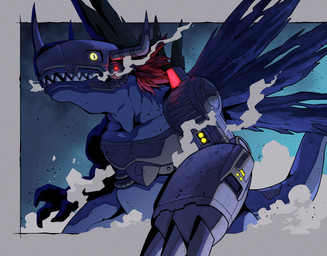 anthro armor blue_body cybernetics headgear helmet machine male mechanical_arm sharp_teeth solo teeth wings yellow_eyes seiryuuden bandai_namco digimon cyborg digimon_(species) metalgreymon scalie