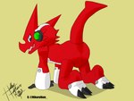 anthro backsack balls bent_over blue_eyes butt electronics featureless_butt genitals headphones looking_back male red_body smile smirk solo heibanhikaru bandai_namco digimon digimon_(species) scalie shoutmon absurd_res hi_res