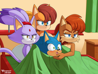 anthro bed bedroom blue_body blue_eyes blue_fur brown_body brown_fur brown_hair canon_couple convenient_censorship covered_breasts ears_up female fur furniture green_eyes group hair long_hair male male/female nude open_mouth orange_body orange_fur pillow princess purple_body purple_fur race_car_bed royalty serious_face tail yellow_eyes byghosteduard archie_comics sega sonic_the_hedgehog_(archie) sonic_the_hedgehog_(comics) sonic_the_hedgehog_(series) sonic_x-treme blaze_the_cat sally_acorn sonic_the_hedgehog tiara_boobowski felid feline mammal absurd_res hi_res