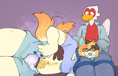 anthro anthro_on_anthro beak belly_rub blue_bottomwear blue_clothing blue_collar blue_crop_top blue_inner_ear blue_jacket blue_leash blue_nose blue_pants blue_pawpads blue_scar blue_shirt blue_shorts blue_tongue blue_topwear bodily_fluids body_hair bottomwear clothed clothing collar crop_top duo erection erection_under_clothing erection_under_underwear eyes_closed eyewear feathers fur genital_fluids glasses happy happy_trail headpat jacket leash leashed_collar looking_down looking_down_at_another male male/male male_anthro mastectomy_scar open_bottomwear open_clothing open_shorts orange_body orange_fur pants pawpads petting precum precum_through_clothing precum_through_underwear purple_background rectangular_glasses red_clothing red_shirt red_topwear scar shirt shorts simple_background slightly_chubby slightly_chubby_anthro slightly_chubby_male smile tail tail_feathers tail_motion tailwag tenting tongue topwear underwear wearing_glasses wet wet_clothing white_body white_feathers yellow_beak yellow_body yellow_eyes yellow_fur martindosent martin_(martindosent) mason_(capegloam) accipitriform avian bird canid canine canis domestic_dog mammal secretary_bird 2026 absurd_res clip_studio_paint_(artwork) digital_drawing_(artwork) digital_media_(artwork) hi_res shaded