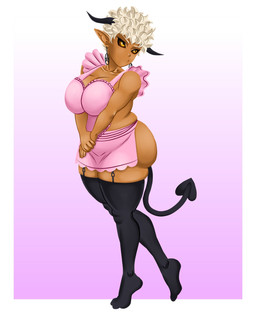 apron apron_only big_breasts black_clothing black_horn black_legwear black_stockings black_tail border breasts brown_sclera cleavage clothed clothing dark_body dark_skin ear_piercing eyelashes female front_view hair horn humanoid_pointy_ears legwear piercing pink_apron pink_background pink_clothing pointy_ears short_hair simple_background solo spade_tail stockings tail thick_thighs white_border white_hair wide_hips yellow_eyes jbreak1 plus-sized_elf satero_(plus-sized_elf) demon demon_humanoid horned_humanoid humanoid satyr tailed_humanoid hi_res