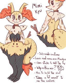 3_fingers 3_toes :3 alternate_form ambiguous_anthro ambiguous_gender anthro arm_tuft biped blush blush_lines blush_stickers cheek_tuft chest_tuft clothed clothed_ambiguous clothed_anthro clothing cosplay digitigrade dipstick_tail eyelashes facial_tuft fake_eyes feet fingers front_view fully_clothed fully_clothed_ambiguous fully_clothed_anthro inner_ear_fluff looking_at_viewer looking_back markings multicolored_body object_in_tail orange_body orange_nose orange_tail_tip pointy_ears prick_ears rear_view rope rope_around_neck shoulder_tuft simple_background solo standing stick stick_in_tail tail tail_markings text toes tuft two_tone_tail white_background white_body yellow_body yellow_tail se1t nintendo pokemon braixen generation_6_pokemon generation_7_pokemon mimikyu pokemon_(species) 2026 4:5 absurd_res cel_shading digital_drawing_(artwork) digital_media_(artwork) english_text full-length_portrait hi_res portrait shaded three-quarter_portrait