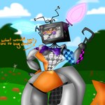 big_breasts bow_tie breasts dialogue electronics female fox_tail hologram holographic_ears hook hook_hand machine small_waist solo television text thick_thighs wide_hips passiona_roo five_nights_at_freddy's five_nights_at_freddy's_world scottgames sister_location lolbit_(fnaf) animatronic canid canine fox humanoid mammal robot 1:1 2023 digital_media_(artwork) english_text hi_res