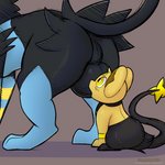 1:1 absurd_res ambiguous_gender balls big_balls black_body black_fur blue_body blue_fur duo feral fur generation_4_pokemon genitals hi_res imminent_facesitting kuroodod larger_male looking_up luxray male male/ambiguous nintendo pokemon pokemon_(species) shinx shiny_pokemon simple_background size_difference smaller_ambiguous tail yellow_body yellow_fur