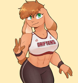 5_fingers abs anthro athletic athletic_anthro athletic_female bottomwear breasts brown_eyebrows brown_hair circle_eyebrows clothed clothed_anthro clothed_female clothing collarbone crop_top ear_piercing eyebrow_through_hair eyebrows female female_anthro fingerless_(marking) fingers floppy_ears front_view fur gesture hair hand_gesture lop_ears midriff mouth_closed piercing shirt simple_background sleeveless_shirt solo tail tan_body tan_ears tan_fur text text_on_clothing text_on_topwear topwear translucent translucent_hair v_sign wristband conditional_dnp sonokido ventura_city_drifters emily_lang lagomorph leporid mammal rabbit 2021 digital_drawing_(artwork) digital_media_(artwork) hi_res portrait three-quarter_portrait