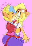 anthro blush duo ear_piercing ear_ring eyewear female female/female fur goggles heart_symbol hug kiss_mark kiss_on_lips kissing lipstick makeup markings mole_(marking) piercing pink_background ring_piercing simple_background surprise surprise_kiss thick_thighs harrace-harrison activision crash_bandicoot_(series) coco_bandicoot pirate_tawna bandicoot mammal marsupial 2020 digital_drawing_(artwork) digital_media_(artwork)