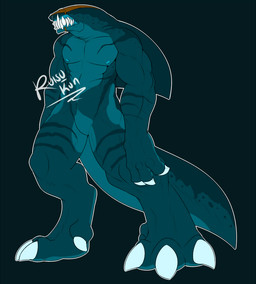 anthro blue_body claws fangs male multicolored_body muscular muscular_male nipples open_mouth simple_background solo teeth two_tone_body tattoorexy aquatic fish monster shark 2015