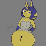 anthro bandage bandage_wraps blue_hair clothing female hair hand_on_hip ineffective_clothing looking_at_viewer markings simple_background solo standing thick_thighs unimpressed uraeus wide_hips wraps yellow_body gazaster animal_crossing nintendo ankha_(animal_crossing) domestic_cat felid feline felis mammal 2025 digital_media_(artwork) hi_res