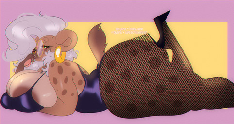 anthro areola areola_slip big_butt biped breasts brown_body butt clothing ear_piercing ear_ring eyelashes facial_piercing female fishnet_clothing fishnet_legwear footwear fur grey_hair hair high_heels huge_butt legwear lying markings mature_female nose_piercing nose_ring on_front piercing pupils ring_piercing shoes side_view smile solo spots spotted_body thick_thighs ezukapizumu hooked_on_heel_(trend) silver_(ezukapizumu) hyena mammal spotted_hyena