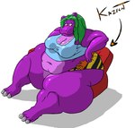 anthro belly big_belly big_breasts big_butt breasts brown_eyes butt butt_crush clothing female furniture green_hair hair hazard_stripes huge_belly huge_butt larger_female long_hair male male/female navel obese obese_anthro obese_female overweight overweight_anthro overweight_female paws purple_body simple_background sitting sitting_on_another size_difference smaller_female text thick_thighs topwear underwear white_background kazecat bertha_(kazecat) kazecat_(character) common_hippopotamus hippopotamid mammal 2008