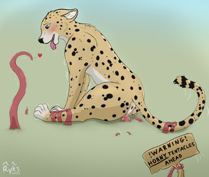 anus breath female feral genitals heart_symbol open_mouth panting penetration sign solo tentacles vaginal vaginal_penetration vulva warning_sign ryks cheetah felid feline mammal hi_res