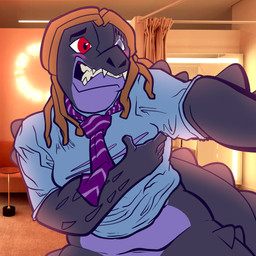 anthro blind blush clothed clothing disability dreadlocks embarrassed exposure_variation female necktie no_underwear slightly_chubby slightly_chubby_female solo torn_clothing ctrl-atl-replace7888 matching_ties luda_ivanov pandora_katsaros_(matching_ties) crocodile crocodilian reptile scalie absurd_res hi_res