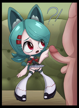 big_eyes big_head black_border border chibi clothed clothing duo erection eyebrows eyelashes female genitals hair handjob legwear male male/female nude open_mouth panties paper-puppet penile penis sex stockings thigh_highs toony touching_penis underwear vulva warlocke humanoid mammal absurd_res digital_media_(artwork) hi_res