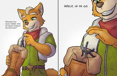 anthro belt belt_buckle boots buckle clothed clothing comic_panel dialogue dropping_object duo extreme_size_difference falling feet foot_fetish footwear footwear_only fur green_clothing green_eyes grey_body grey_fur holding_object insole looking_down male male/male micro mostly_nude orange_body orange_fur purple_clothing questionable_consent scarf shoe_fetish shoes simple_background size_difference smile speech_bubble standing tail text topwear vest white_background zipper kiwifizz nintendo star_fox fox_mccloud wolf_o'donnell canid canine canis fox mammal wolf comic english_text hi_res