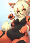 2019 5_fingers ahoge anthro anthrofied arcanine arm_tuft belly big_breasts black_body black_fur black_nose blue_background blush breasts canid canine chest_tuft claws cute_fangs digital_media_(artwork) fangs featureless_breasts featureless_crotch female female_anthro fingers fluffy fluffy_tail fur generation_1_pokemon glistening glistening_body glistening_fur glistening_hair hair happy hi_res kemono looking_at_viewer mammal markings multicolored_body multicolored_fur navel nintendo open_mouth open_smile orange_body orange_fur pawpads pokemon pokemon_(species) shiitakemeshi short_hair signature simple_background slightly_chubby smile solo tail teeth thick_thighs tuft white_body white_fur white_hair wrist_tuft yellow_eyes